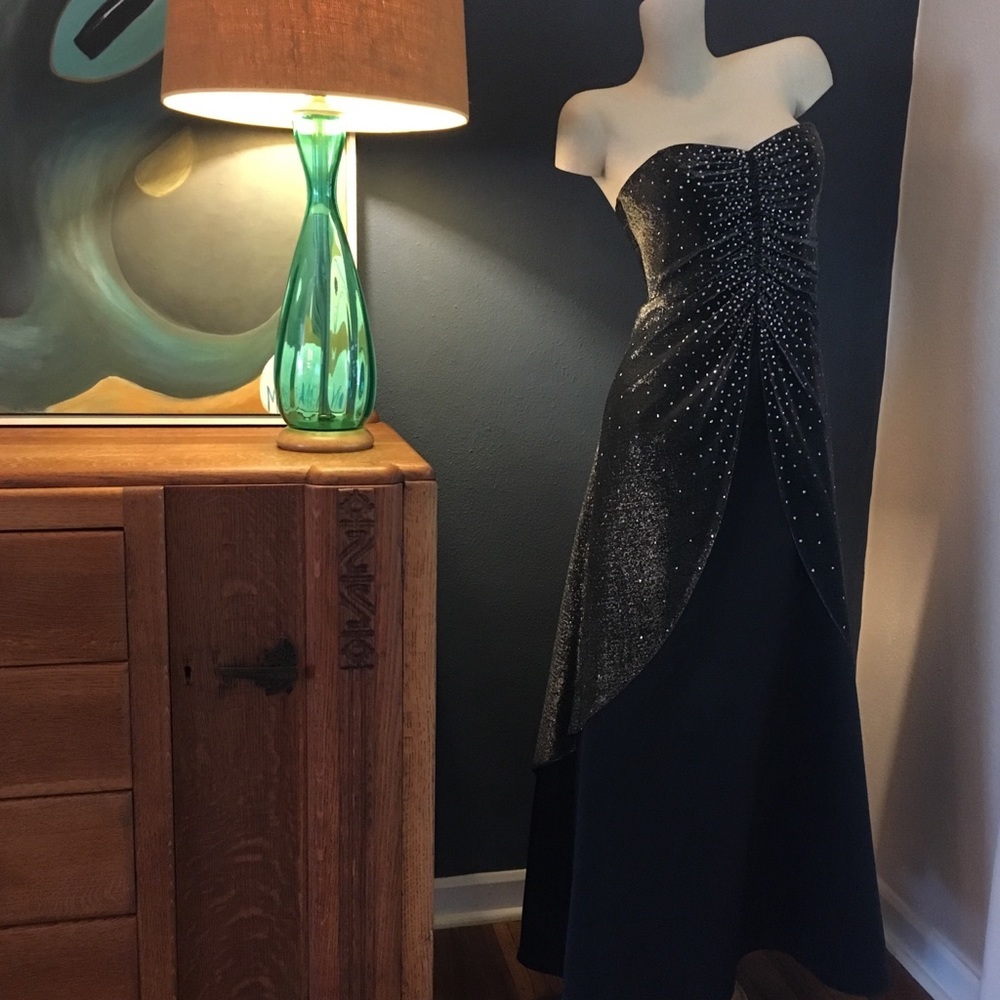 Vintage Black Strapless Shimmer Gown Maxi …